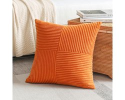 1 stuk - Decoratief ribfluwelen kussenhoes - Effen vierkant sierkussen - Boerderij boho gestreept kruis patchwork - Gestructureerd kussenomslag - Voor bank, auto, bed & woonkamer - 40x40 cm (16x16 inch) - Oranje