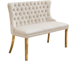 1 stuk - Dubbele fluwelen eettafelbank - zitmeubel voor keuken en eetkamer - gecapitonneerde dubbele bank - handgemaakte knopen - oorfauteuilontwerp - vergulde stalen poten - mid-century modern stijl - één stuk, beige