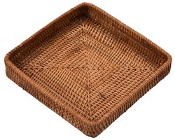 1 stuk - Fruitschaal - Vierkant - Riet - Voor het presenteren van noten en snacks op een salontafel in de woonkamer, of als opbergmandje op het bureau - 21*21*3,7 cm - Bruin