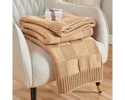 1 stuk geruite gebreide deken, geruite deken voor de bank, decoratieve zachte, gezellige, warme gebreide deken voor de bedbank in de woonkamer, 130 * 160 cm,Khaki