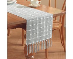 1 stuk grijze rustieke tafellopers met kwastjes in boerderijstijl, rechthoekige geborduurde sjaal voor op de keuken, picknicktafel, salontafel, 33*183cm