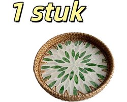 1 stuk - Handgemaakt rotan dienblad - Bladpatroon - Schelpen dienblad - Woondecoratie - Rond decoratief wilgenhouten schaaltje - Sieradenbakje - Sleutelbakje - Cadeau voor vrouwen - 24*24*3 cm - Groen
