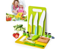 1 stuk houten kinderveiligheidsmessenset - Montessori-ontwerp - Kookgerei voor peuters - Set van golvend plastic mes en snijplank - 30*20*4CM - Realistisch kookgebruik voor kinderen - Groen