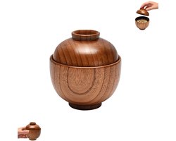 1 stuk - Houten saladekom - Bruine houten kom met deksel - Miso-soepkom - Houten kom voor thuis koken - Multifunctionele houten kom - Geschikt voor het serveren van salades, fruit, soepen, rijst en granen