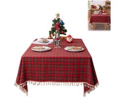 1 stuk - Kerst geruit tafelkleed - Rechthoekig geruit tafelkleed van katoen en linnen - Vintage kerst tafelkleed met kwastjes - Wasbaar en kreukvrij geruit tafelkleed - Kerst tafelkleed 140cm*100cm - Geschikt voor kerstversieringen en banketten