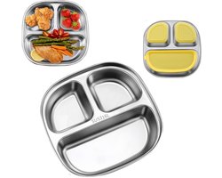 1 stuk - Kinderbord van roestvrij staal, verdeeld bord, met zuignap, met 3 vakken, vaatwasserbestendig 19,6X19,6cm (zilver)