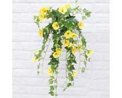 1 stuk Kunstmatige hangende bloem, nep plastic kunstbloem Morning Glory stoffen wijnstok petunia voor binnen en buiten tuin veranda dakrand bruiloft muurdecoratie geen mand (geel)