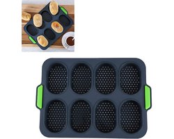 1 stuk mini-baguettebakvorm met 8 holtes - antiaanbaklaag van siliconen voor eenvoudig losmaken - Franse broodvorm - ovale broodvorm - totale afmetingen ca. 23,8 x 34,5 x 2,5 cm - geschikt voor hobbybakliefhebbers en doe-het-zelvers - zwart en groen.