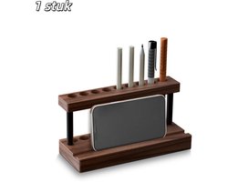 1 stuk - Pennenhouder - Opbergdoos - Bureaupennenhouder - Walnoothout - 9 pennenvakken met telefoonhouder - Geschikt voor bureaus en badkamers - Bruin