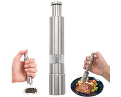 1 stuk - Pepermolen - Specerijenmolen - Zoutmolen met persmechanisme - Handmolen - Persmechanisme - Compact en draagbaar - BBQ-accessoire - 15,3 x 2,8 cm - Zilver - Geschikt voor het malen van peper, komijn, grof zout en specerijen