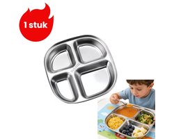 1 stuk - Roestvrijstalen kinderbord - Kinderbord met vakjes - Servies - 4 vakken - Zilver