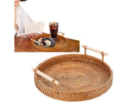 1 stuk - Rond dienblad van rotan - Stabiel en duurzaam - Geschikt voor het presenteren van eten en het plaatsen van fruit - 22 x 3 cm - Decoratie voor keuken- of eettafel - Natuurlijke houtkleur