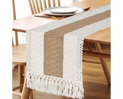 1 stuk - Tafelloper - Boheemse landelijke stijl - Katoen-linnen mix - Geknoopt ontwerp - Tafelloper met franjes - Geschikt voor Thanksgiving- en kerstdecoraties, accenten op de salontafel - 30 x 180 cm - Koffiebruin + beige