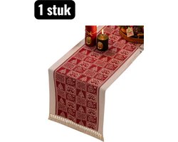 1 stuk - Tafelloper - Kerst Tafelrunner - Tabel loper - Rode Waterbestendige Tafelloper met Kerstmotief - 350x35cm Lange Tafel Decoratie voor Feestdagen - Katoen Linnen Look - Kerstboom- en belpatroon
