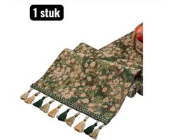 1 stuk - Tafelloper - Tabel loper - TV Meubel Beschermer - Lange Tafelkleed in Katoen Look Stijl - 350x33cm - Lange tafeldecoratie- Katoen Linnen Look - Bloemenpatroon - Groen
