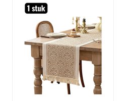 1 stuk - Tafelloper - Tabel loper -TV Meubel Beschermer - Lange Tafelkleed in Katoen Look Stijl - 350x35cm - Lange tafeldecoratie- Katoen Linnen Look - Bloemenpatroon - Beige