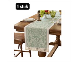 1 stuk - Tafelloper - Tabel loper - TV Meubel Beschermer - Lange Tafelkleed in Katoen Look Stijl - 350x35cm - Lange tafeldecoratie- Katoen Linnen Look - Kranspatroon- Groen