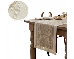 1 stuk - Tafelloper - Tafelloper met kwastjes - Bohemian stijl - Waterafstotend - Decoratie voor feestdagen, verjaardagen en bruiloften - Linnenstructuur - 35 x 180 cm - Lichtbruin - Geschikt voor eettafels, dressoirs, salontafels en buffettafels