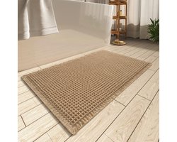 1 stuk verbeterd waffelpatroon badmat - Hoogabsorberend en antislip badkamerkleed - Geschikt voor badkamervloeren - Wasmachinebestendig - Badkamer tapijt met franjes - Extreem zacht - 46x77 cm (Bruin)