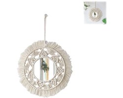 1 stuk - Wandspiegel met kwastjes - Geweven wandspiegel - Kleine ronde decoratieve spiegel - Wandspiegel 35 cm x 35 cm - Bohemian vintage wandspiegel - Decoratieve katoenen spiegel - Geschikt voor slaapkamers, woonkamers, hallen en appartementen