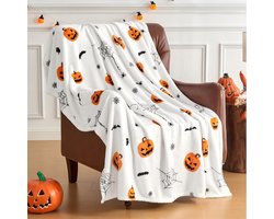 1 Stuks Halloween-deken - Spookachtige pompoenvleermuis-spinnenwebprintdeken - 50"x60" - Zacht en comfortabel - Geschikt voor alle seizoenen - Geschikt voor banken en bedden - Woondecoratiecadeau - Pluche - Halloween-deken - 130×150cm - Wit