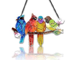 1 stuks - Vier Vogels Decoratieve Hangende Ornamenten - Glas-in-lood - Decoratief Glaskunstwerk - Voor Slaapkamer, Woonkamer of Tuin - Ornamenten Gemaakt van Handbeschilderd Glas - Voeg een Vleugje Kleur toe aan Uw Interieur