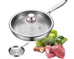 1 Titanium gehamerde koekenpan - Met deksel - 20 cm - Krasbestendige pan zonder coating - Microporeuze olieafsluiting - Antiaanbak titanium kookpan - Roestvrij staal - Zilver
