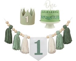 1 Verjaardag Kinderstoel Banner - Groene Feestdecoratie - Meisjes Jongens Baby Shower Kinderkamer (met 1 “One” Houten Bordjes)