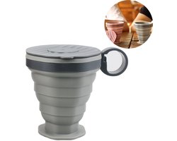 1 x Opvouwbare beker - beker - Siliconen - Reisbeker - Inklapbaar - Drinkbeker - Geschikt voor koffie, thee en water - Inclusief draagriem en deksel - Ideaal voor kamperen en reizen - grijs