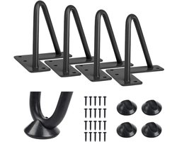 10 cm lange, stevige metalen meubelpoten met haarspeldvorm, geschikt voor doe-het-zelfprojecten zoals tv-meubels, banken en kasten. Inclusief rubberen vloerbeschermers. Zwart. Verpakking van 4 stuks.