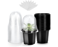 10 cm Seedling Pot - 12 Stuks Plastic Bloempot met Transparante Deksel en Plantlabels voor het Verplanten van Planten, Zwart, Tuinaccessoires, Kweekpotten, Plantenverzorging