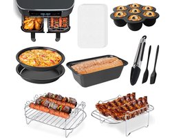 10-delige Accessoireset Geschikt voor Ninja Dual Airfryer DZ201 - DZ401 - Geschikt voor 8-10 Quart Dual Zone Airfryers - Met Cake Pan - Airfryer Accessoires Set - Pizza Pan - Rack - Spiesjes en Papier Liners