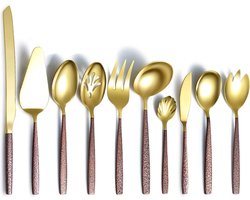 10-delige bestekset met maanoppervlak en titanium coating met glanzende gouden kop, roestvrijstalen serveerlepel, bestek