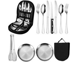 10-delige Campingbestek Set | Roestvrij Staal | Inclusief Lepel, Vork, Mes, Bord & Clip | Draagbare Picknick Set