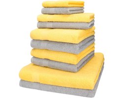 10-delige handdoekset - Bad textiel set - Badkamer comfort - 100% katoen 470 g/m² - Diverse maten - Geel en grijs