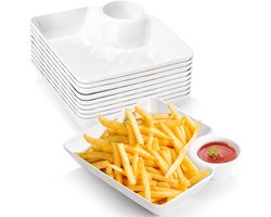 10-delige set met onder andere chips en dipsaus; plastic bordenset met een bord voor dumplings en een schaaltje voor dipsaus; wit herbruikbaar snackbord met vakjes, geschikt voor hapjes, sushi, salsa wraps en warme gerechten.