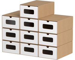 10-delige set Schoenenbox ladekast opbergdoos - met kijkvenster en lade schoenendoos - kartonnen doos van kraftpapier - Sneakerbox speelgoeddoos - Stapelbaar & Universeel - Bruin/wit