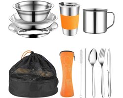 10-delige YushenTai Campingservies Set in Oranje - Campingbestek, Veldbestek, Bestekset met Vorken, Kommen en Bekers - Outdoor Servies voor Outdoor Reizen en Kamperen