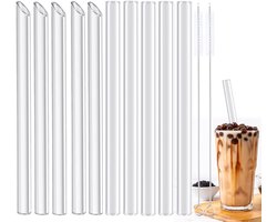 10 glazen rietjes, lang, recht, 14 mm x 215 mm, herbruikbaar, rietjes, glazen rietjes, vaatwasmachinebestendig en 2 reinigingsborstels voor smoothies, sap, bubble tea