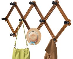 10 Haakjes - Uitschuifbare Wandhanger - Hout - Walnootkleur - Retro Stijl - Voor Jassen Hoeden En Mokken