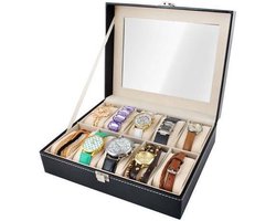 10 Horloges Compartimenten Horlogedoos - Horlogedoos Met Kussentjes - Horloge Opbergbox Houder Kist - Opbergkist Heren/Dames - Zwart Leer - LOUZIR