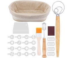 10 Inch Ovale Broodrijsmand - Natuurlijke Rieten Zuurdesem Mand met Broodbak Set - Inclusief Stoffen Liner, Deeg Schraper, Brood Snijmes, Borstel en 16 Stuks Brooddecoratie