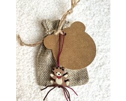 10 Jute zakjes met kraft kaartje berenhoofdje, vulling en houten gelukspoppetje Teddy Beer - babyshower - beer - gelukspoppetje - geboorte - zwanger - kraamcadeau - bedankje