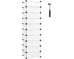 10-laags schoenenrek semi-transparant wit - Schoenenrek & Opbergkast - DIY PP Plastic Platen - Rubberen Hamer & Kantelbeveiliging - 268L Totale Capaciteit - Hoogwaardig & Stevig - Hal, Woonkamer & Kantoor - Eenvoudig te Monteren
