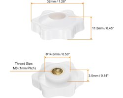 10 sterknoppen met binnendraad M6, kop 32 mm, kunststof met doorgangsgat, messing schroef voor schroefgrepen, wit