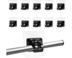 10 stuks gordijnroedes zonder boren, zwart, zelfklevende transparante stanghouders, zelfklevende haken voor gordijnroede, voor keuken, badkamer