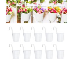 10 Stuks Hangende Bloempot - Metaal - Met Afneembare Haak & Drainagegat - Voor Balkon, Schutting, Vensterbank & Reling - Wit - 16x11x15 cm