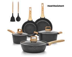 10 stuks Non-stick Kookpottenset, Stapelbare potten en pannen Set Afneembare handvat, Kookgerei Sets Inductie, Potten en pannen met afneembare handvatten,Oven / vaatwasser Veiligheid, Kookpannenset,Zwart