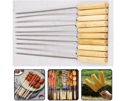 10 Stuks RVS Barbecue Spiezen - Houten Handvat | Herbruikbare BBQ Spiezen 304 Roestvrij Staal | Brede Metalen Grillspiesen Anti-Verbranding