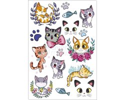 10 tijdelijke tatoeages voor kinderen - katten - 1 vel tatoeages 12,8 x 9 cm - voor 5 jaar - CC056C Tattoo' Mania